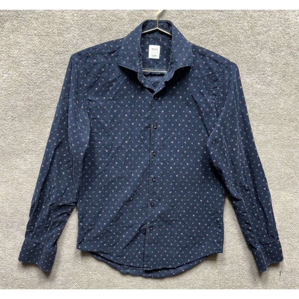 Boggi Milano Corduroy Shirt Men Small‎ Blue Leaf Print Collared LS Button Down